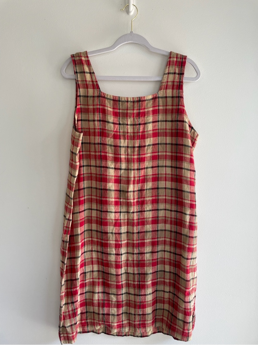 Jones New York Linen Red and Cream Plaid Sleeveless Shift Dress